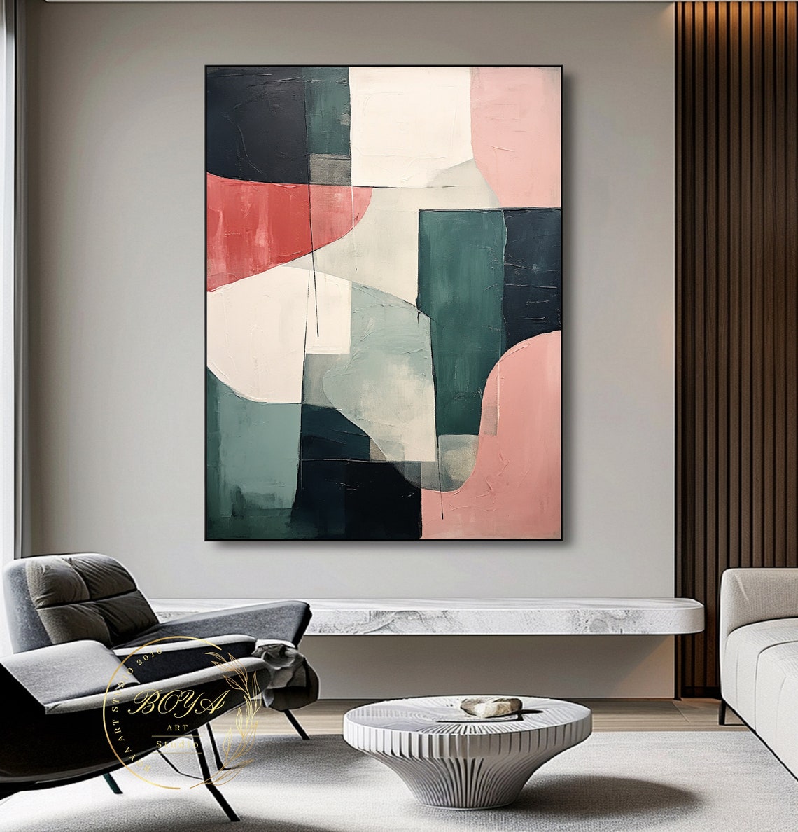 Modern Teal Coral and Blush Geometric Abstract Shapes Poster - Image 3
