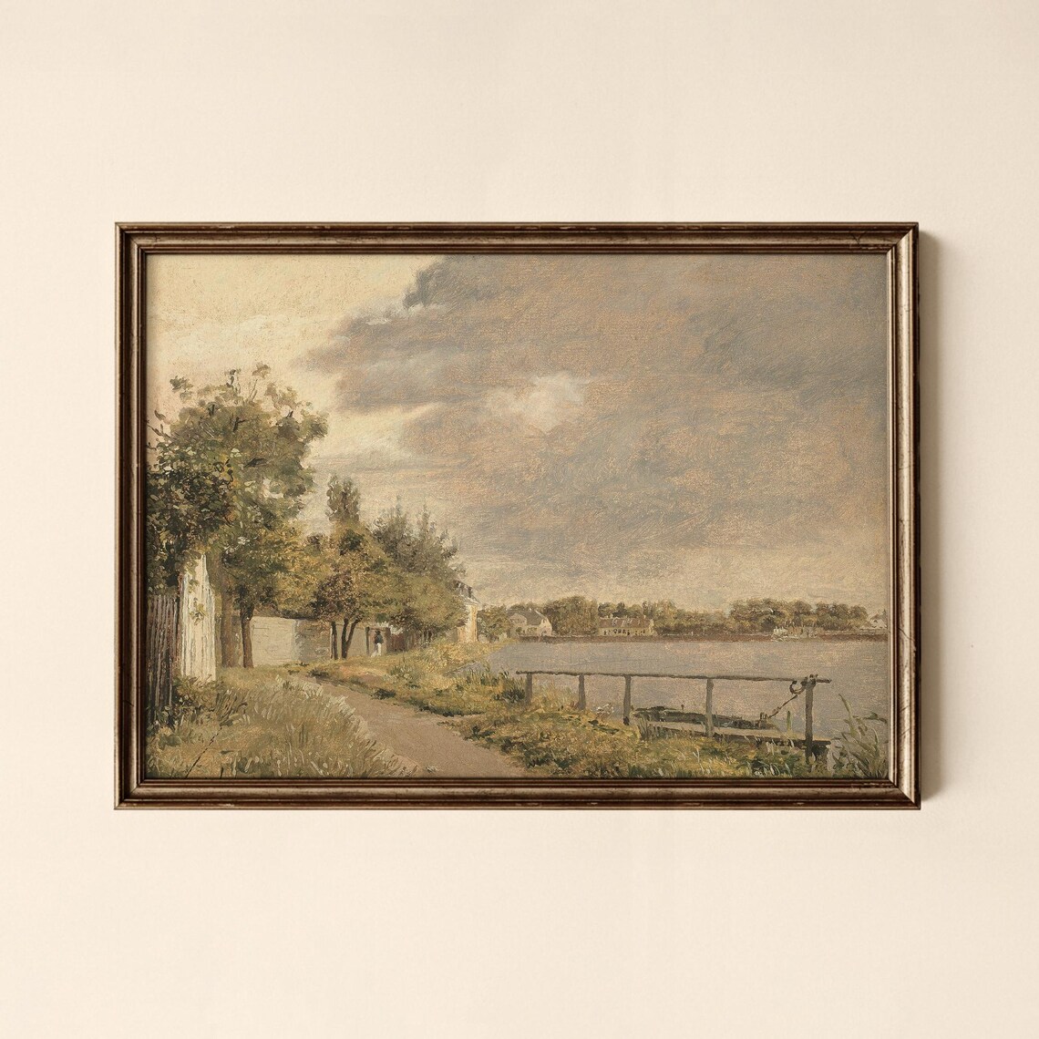 Vintage Country Path Riverside Village Golden Hour Oil Painting Print