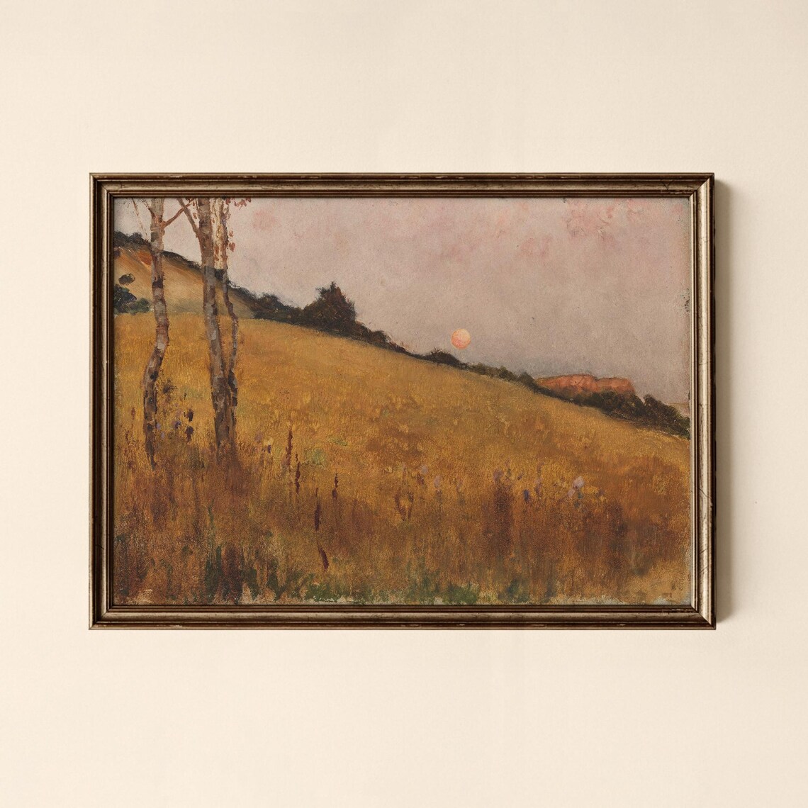 Golden Meadow at Sunset With Birch Trees Vintage Style Art Poster