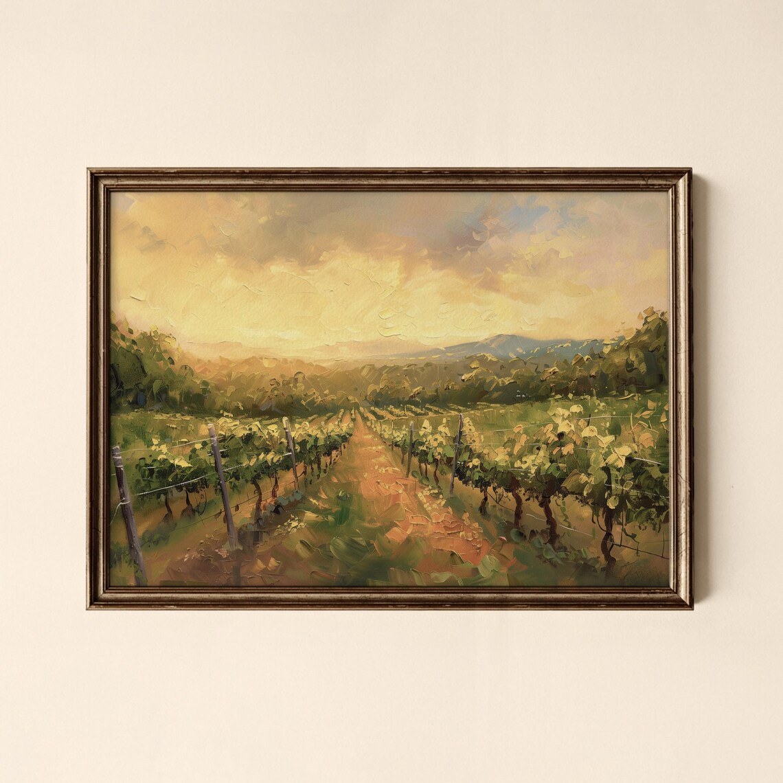 Golden Sunset Vineyard Rows Oil Painting Landscape Art Poster
