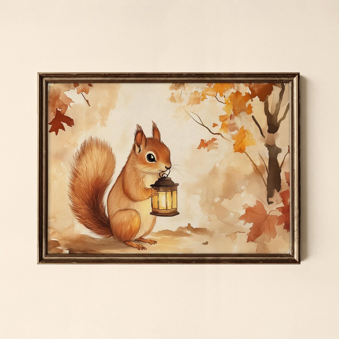 Squirrel Holding Lantern Autumn Forest Cute Watercolor Animal Art Poster