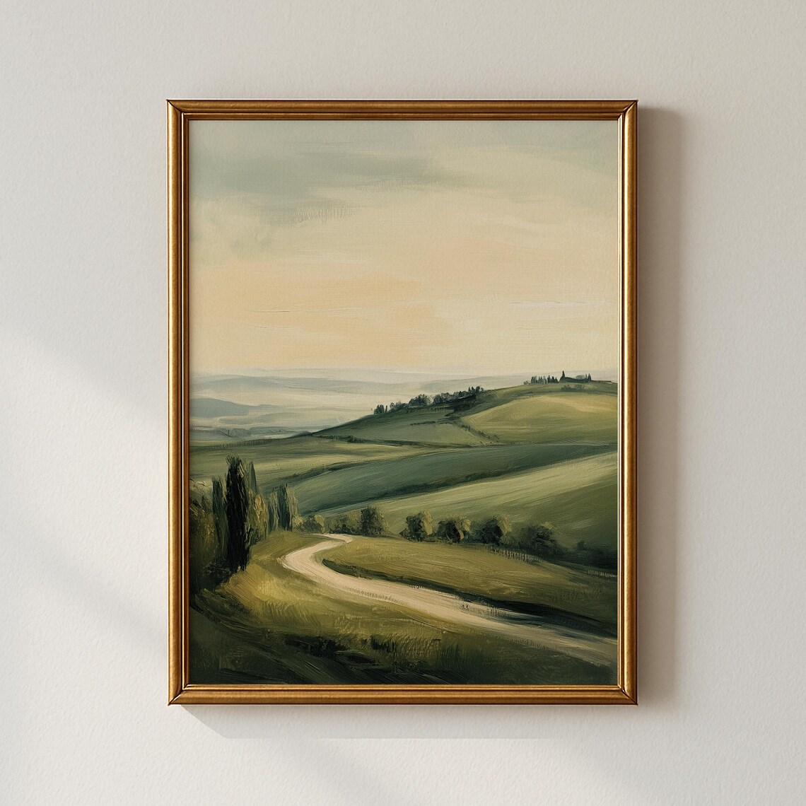 Rolling Green Hills Winding Road Vintage Landscape Oil Painting Print