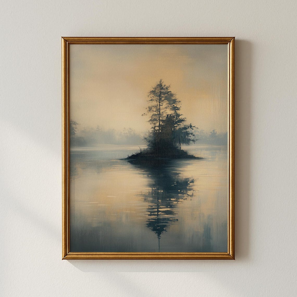 Misty Lake Lone Pine Island Reflection Serene Landscape Poster