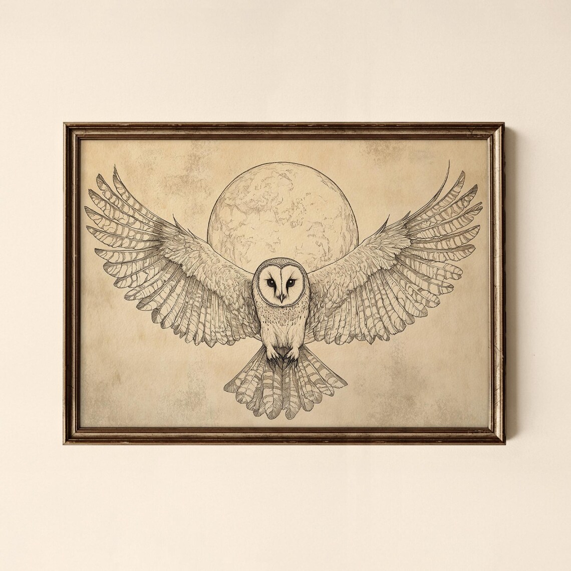 Barn Owl Full Moon Wings Spread Vintage Line Art Night Poster
