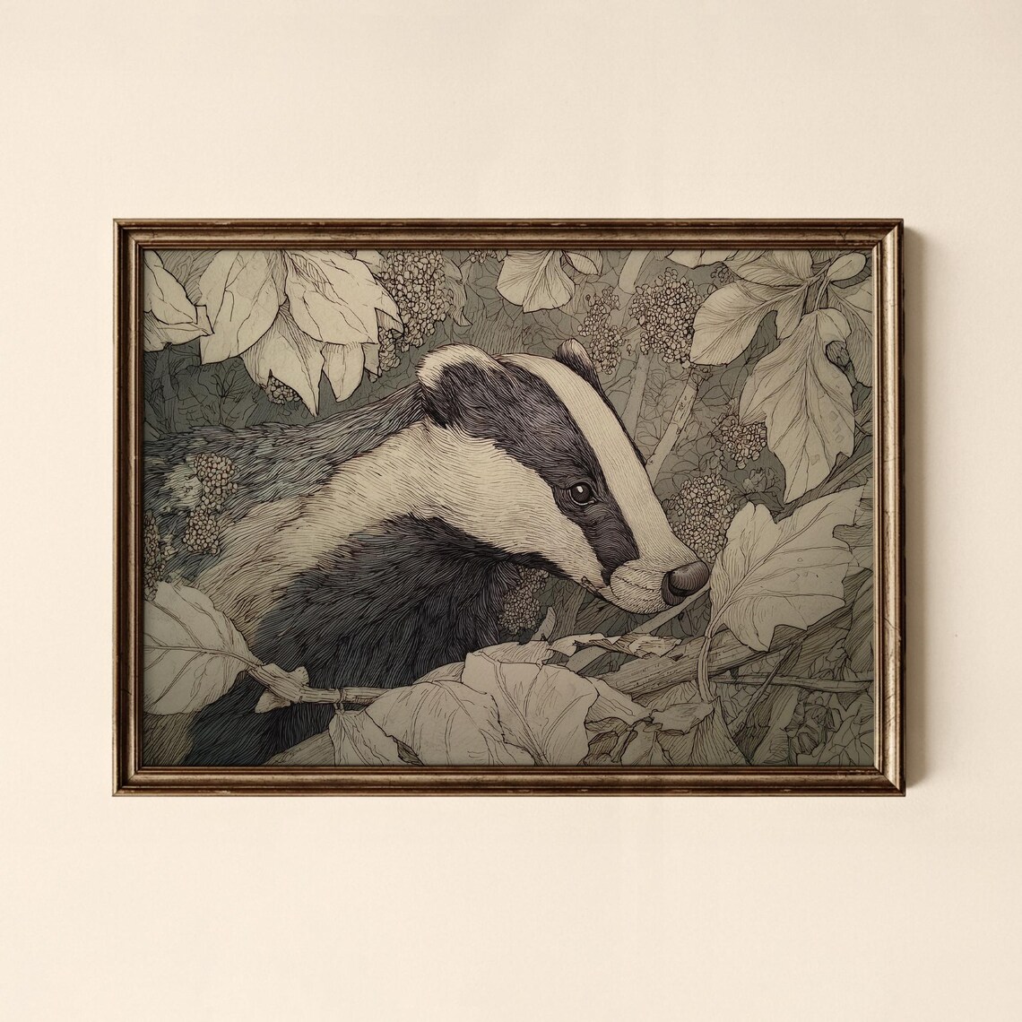 Vintage Badger Engraving Autumn Woodland Wildlife Illustration Poster