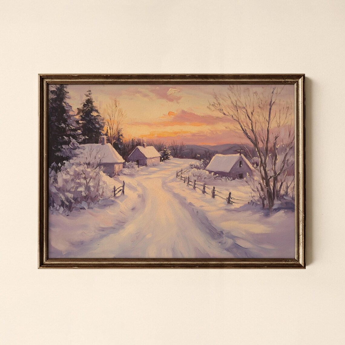 Snowy Village Winter Sunset Cottages Vintage Landscape Art Poster