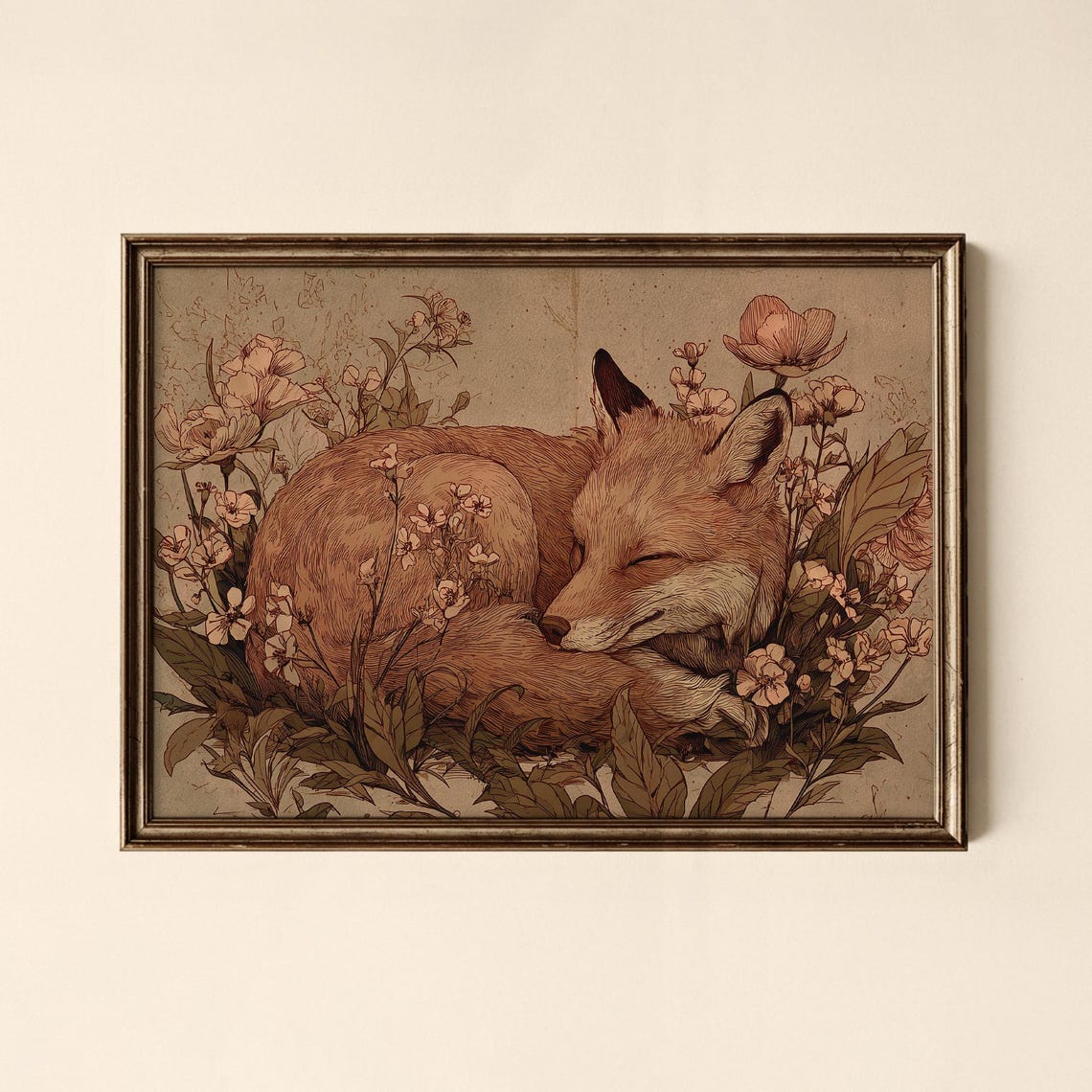 Vintage Sleeping Fox Curled Among Flowers Botanical Art Poster