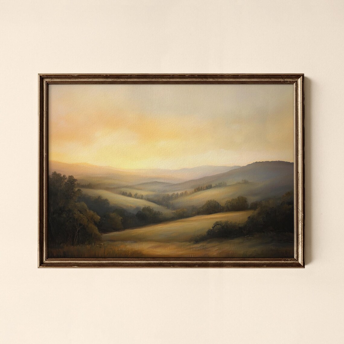 Golden Sunset Over Rolling Hills Serene Landscape Art Poster