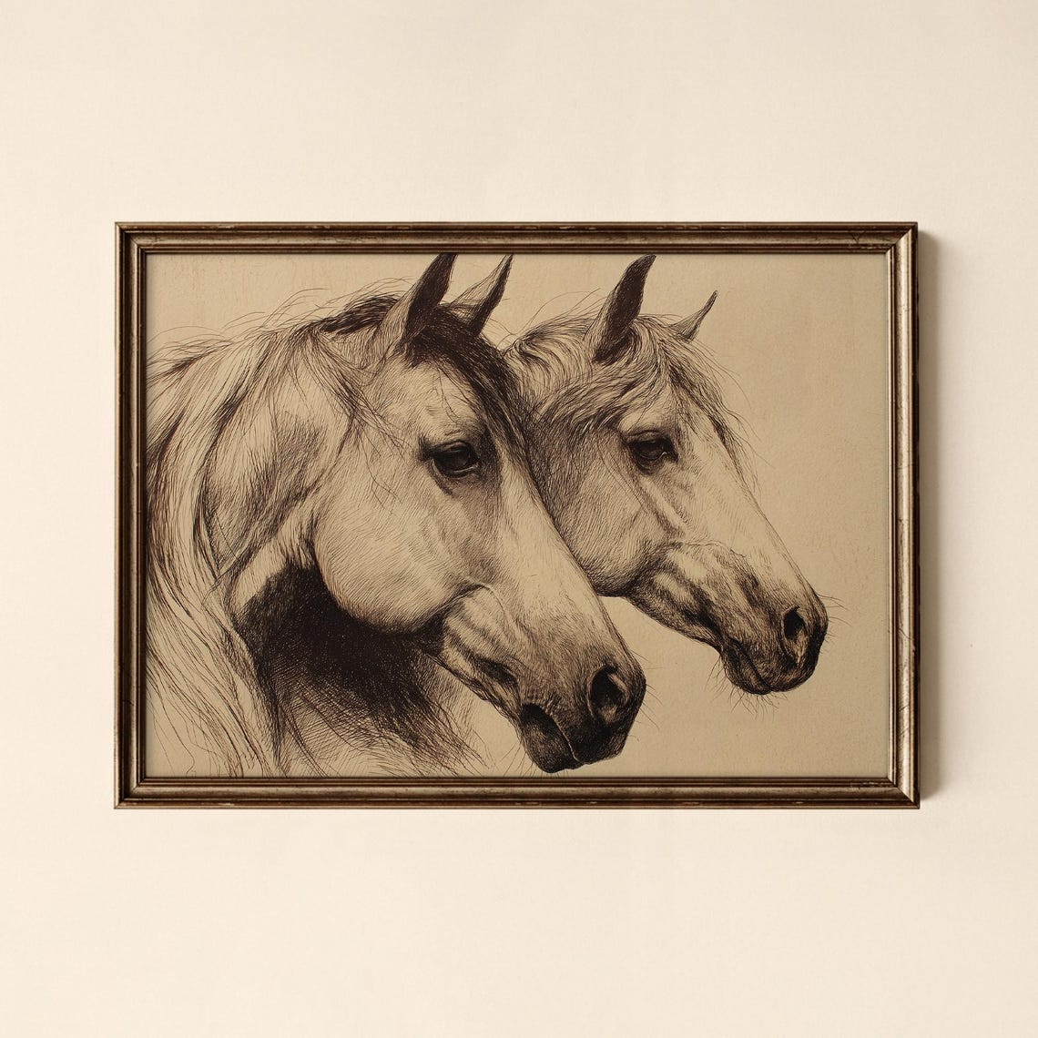 Vintage Two White Horses Sketch Sepia Equestrian Pencil Art Poster