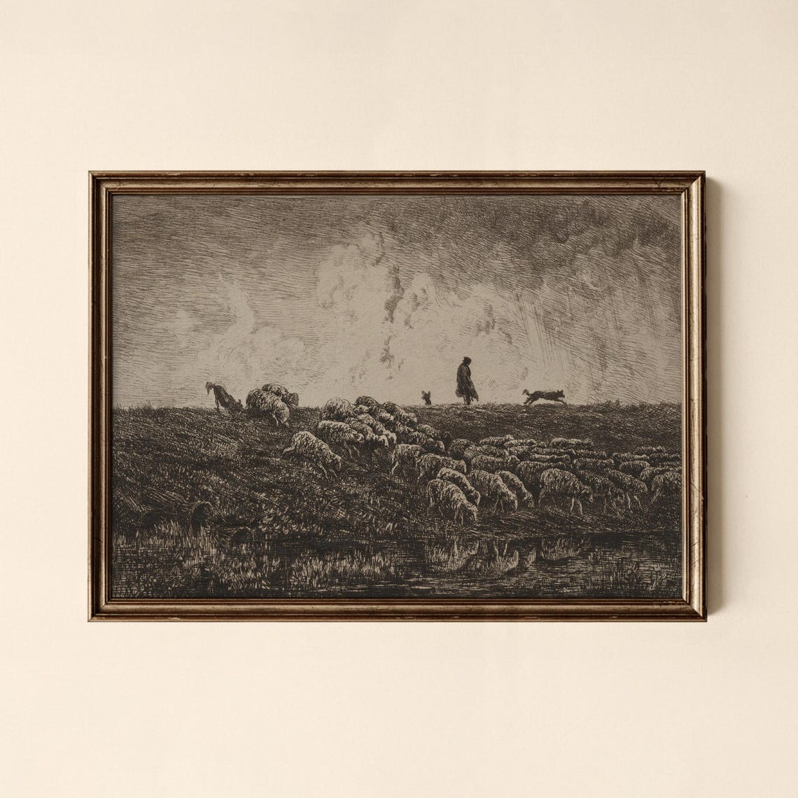 Vintage Shepherd Flock Sheep Hillside Etching Pastoral Poster