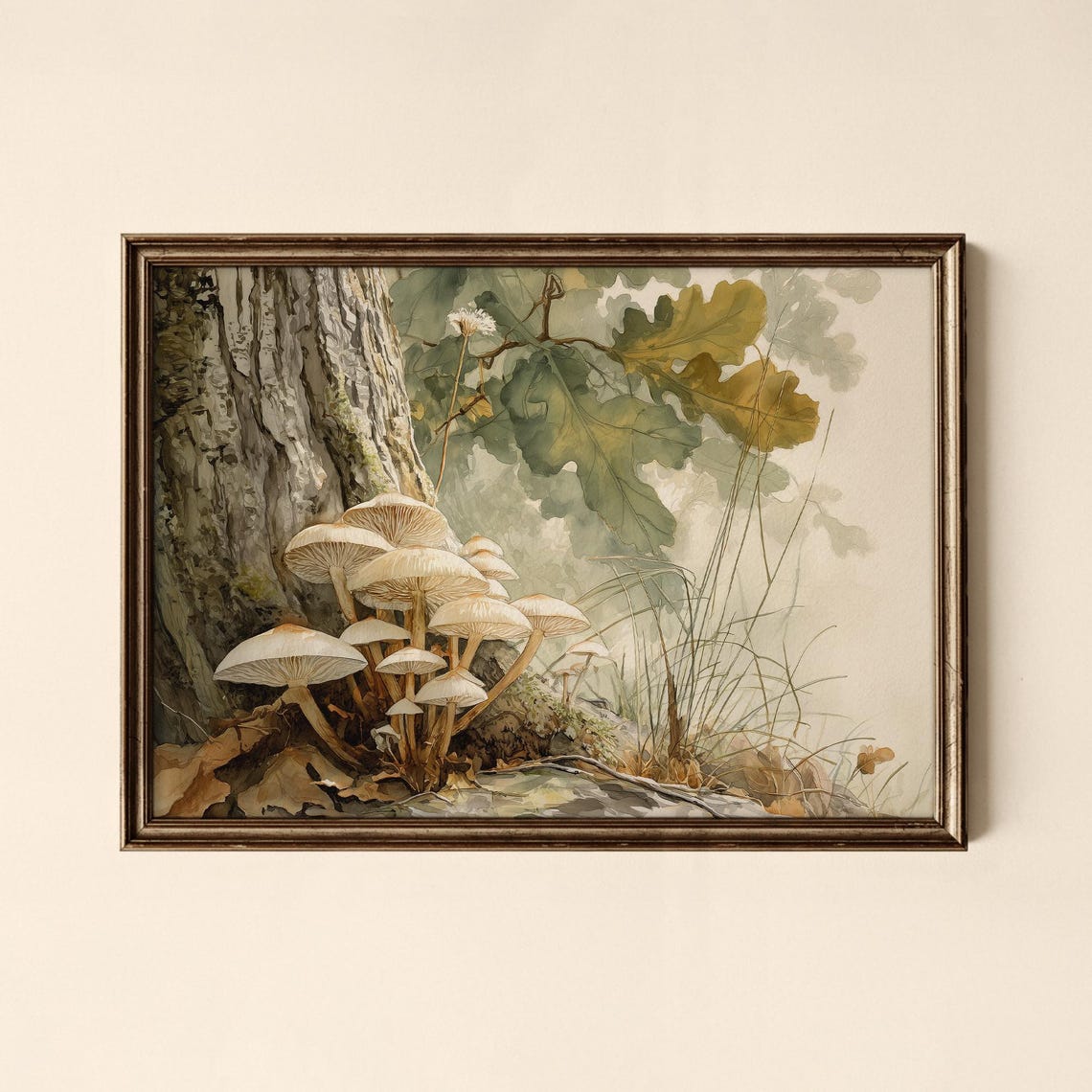 Wild Mushroom Cluster at an Oak Tree Base Botanical Watercolor Poster