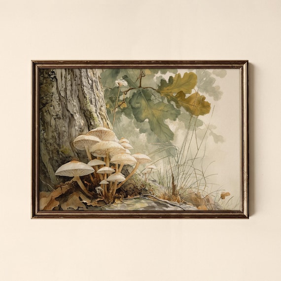 Wild Mushroom Cluster at an Oak Tree Base Botanical Watercolor Poster