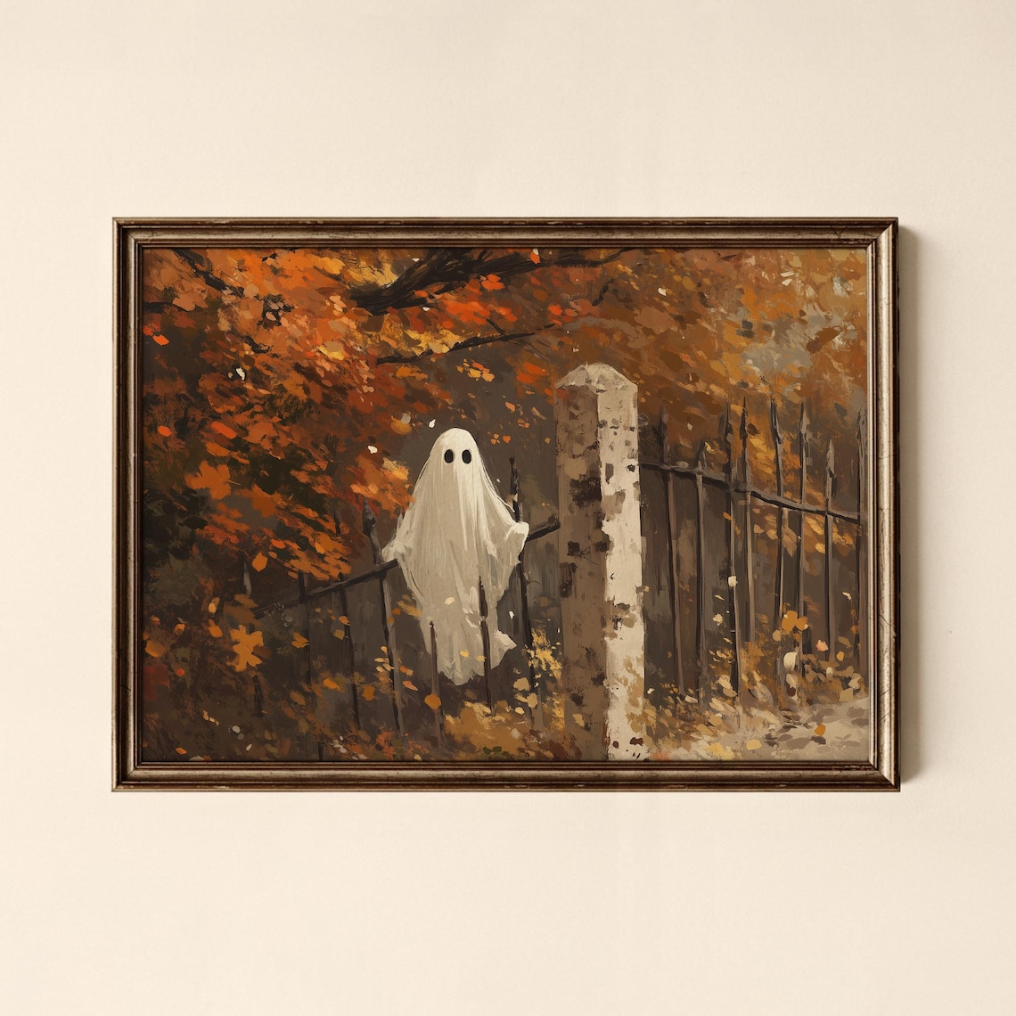 Cute Ghost By The Old Fence Autumn Leaves Halloween Art Poster