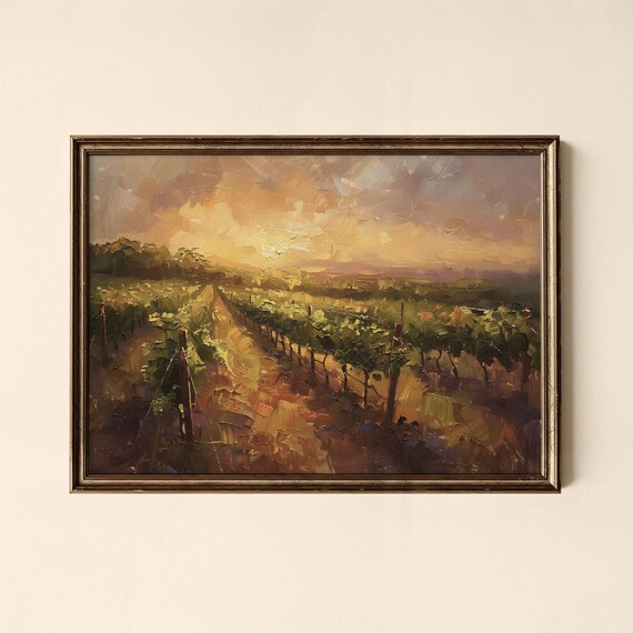 Fiery Sunset Over Vineyard Rows Dusk Sky Oil Painting Poster