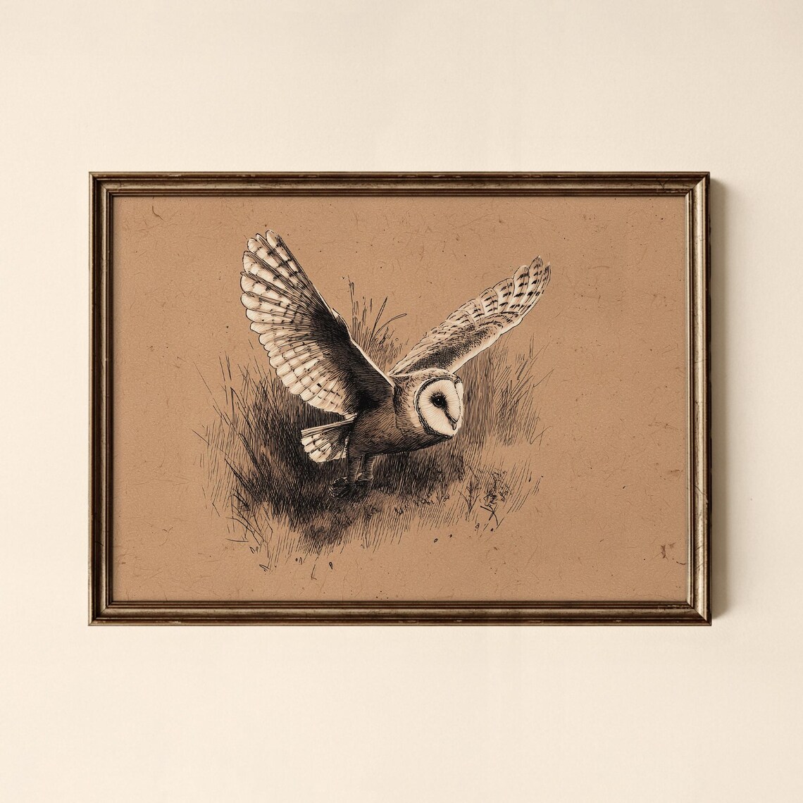 Barn Owl in Flight Vintage Sepia Engraving Wildlife Bird Poster