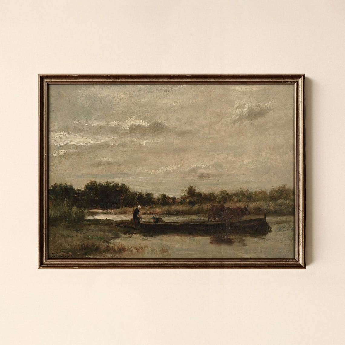 Vintage River Scene with Boat and Cattle Antique Pastoral Art Print
