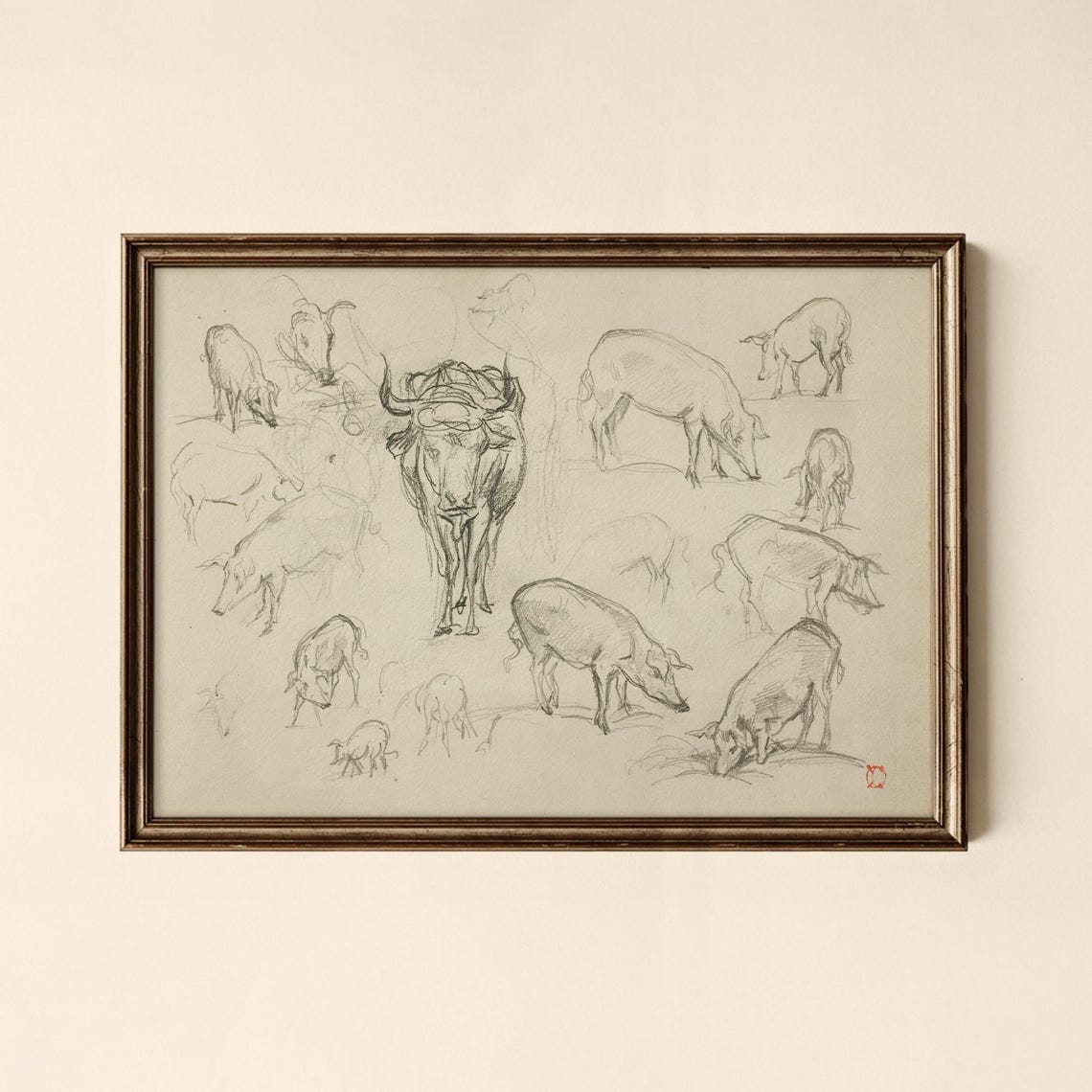 Vintage Pig and Cattle Studies Pencil Sketch Animal Drawing Art Print