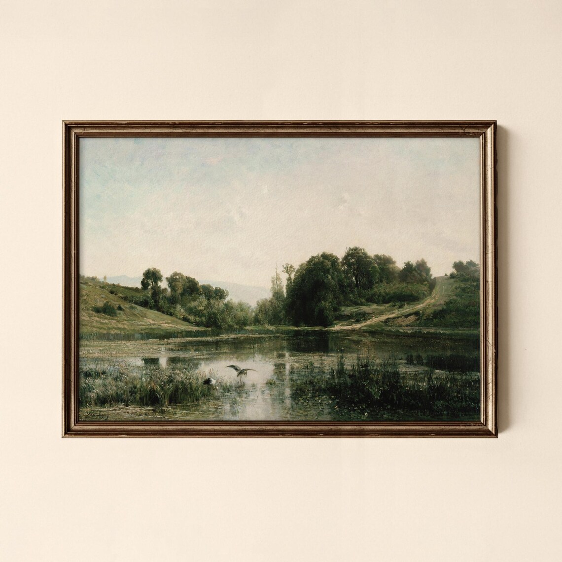 Serene Vintage Lakeside Meadow with Birds Antique Nature Art Print