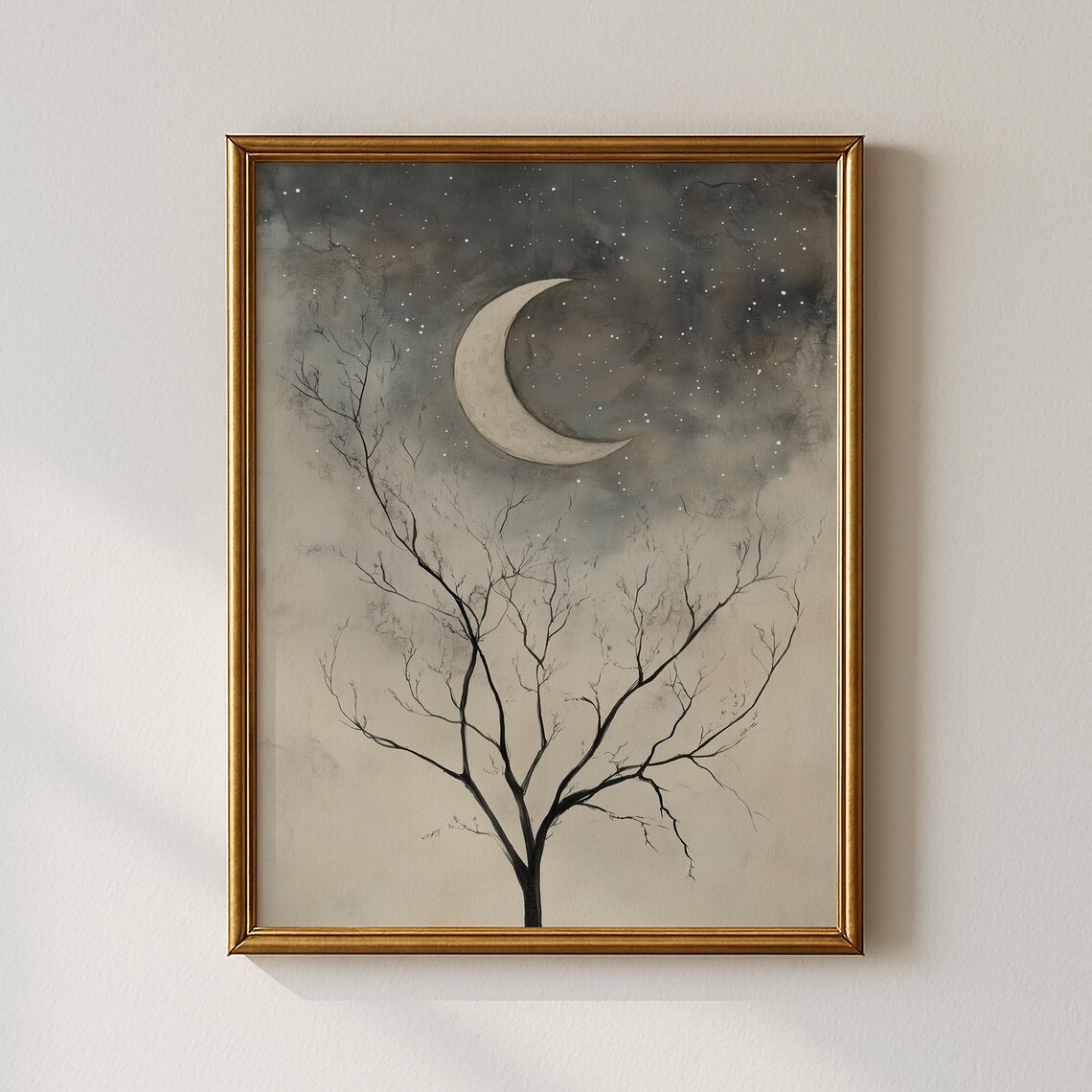 Crescent Moon Over Bare Tree Watercolor Starry Night Minimal Sky Poster