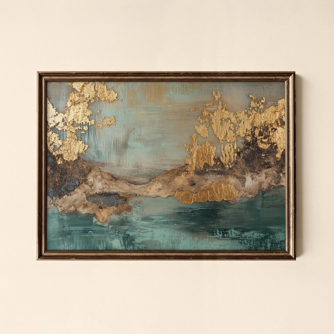 Luxury Modern Teal and Gold Leaf Abstract Coastal Decor Poster