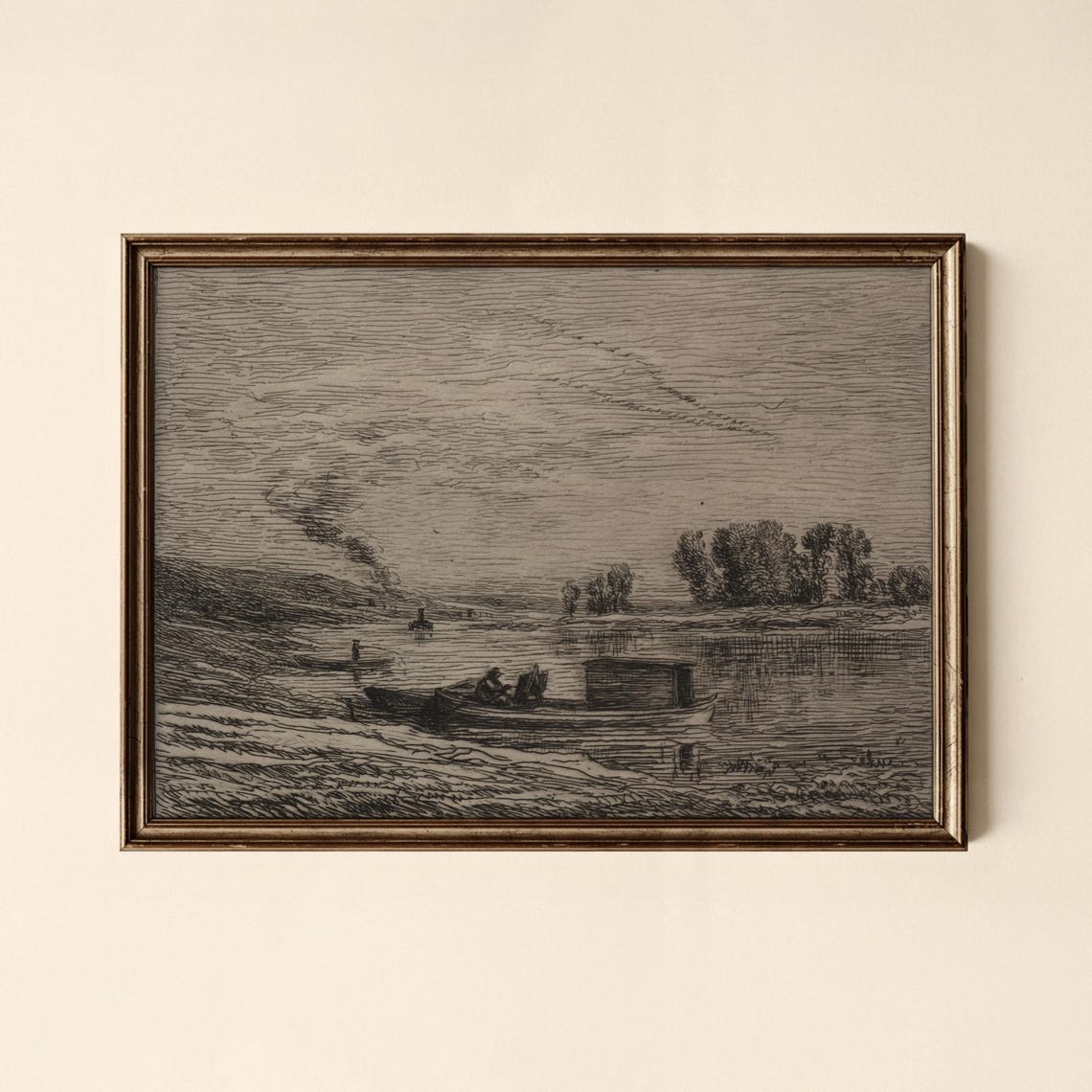 Vintage Rustic River Scene Rowboats Landscape Etching Poster