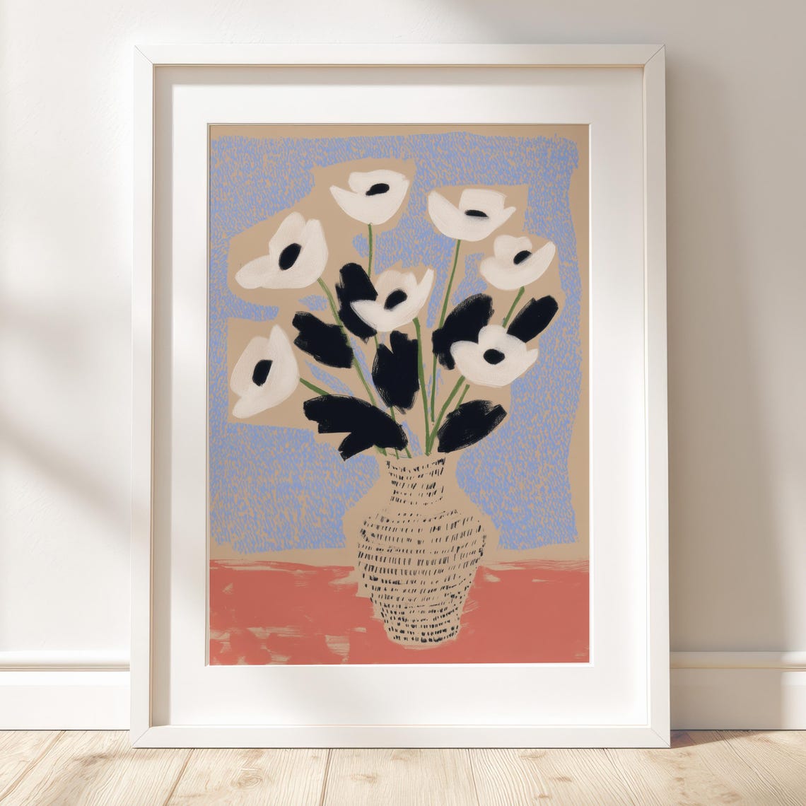 White Poppies In Vase Abstract Art Minimal Botanical Illustration