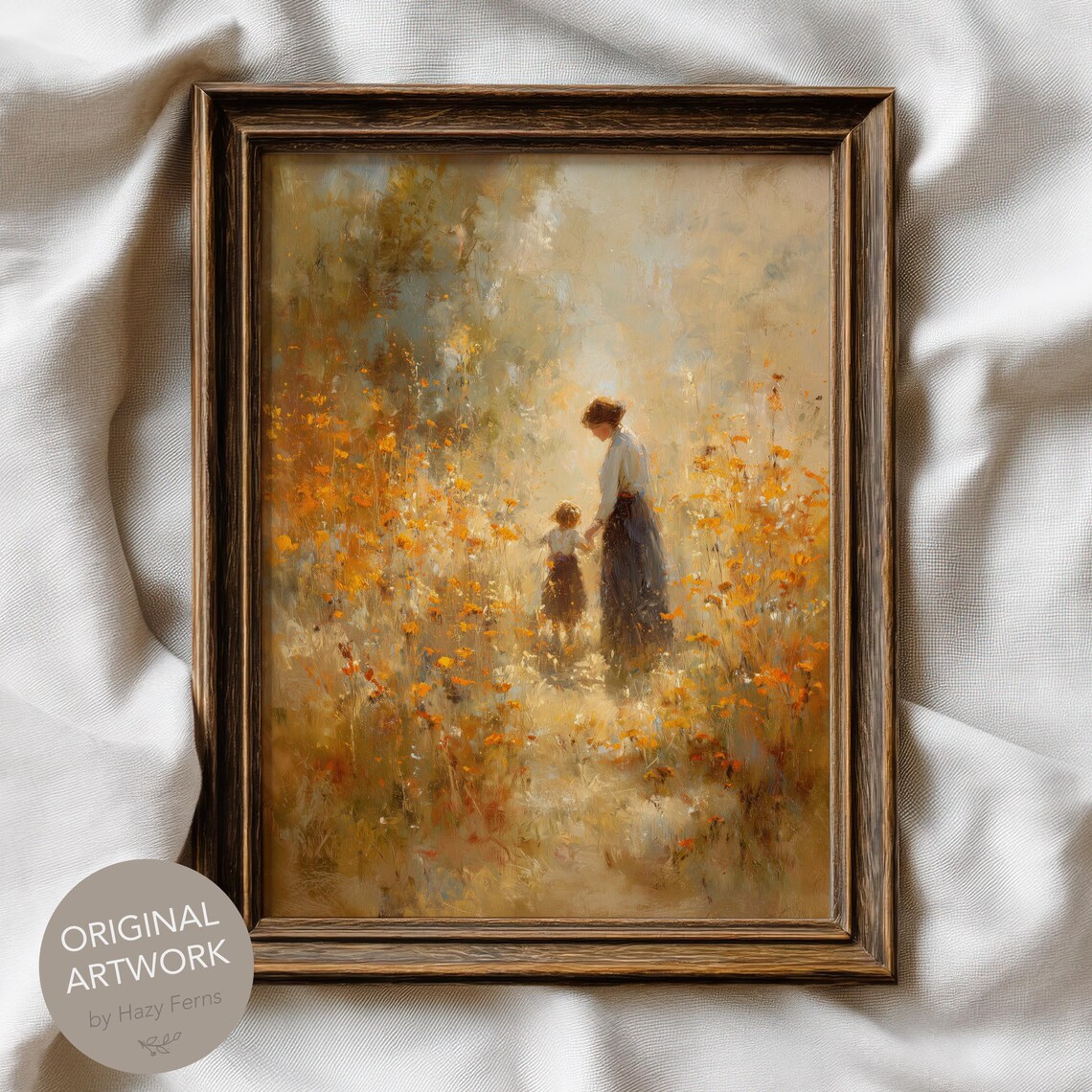 Golden Mother and Child Autumn Wildflower Walk Impressionist Print