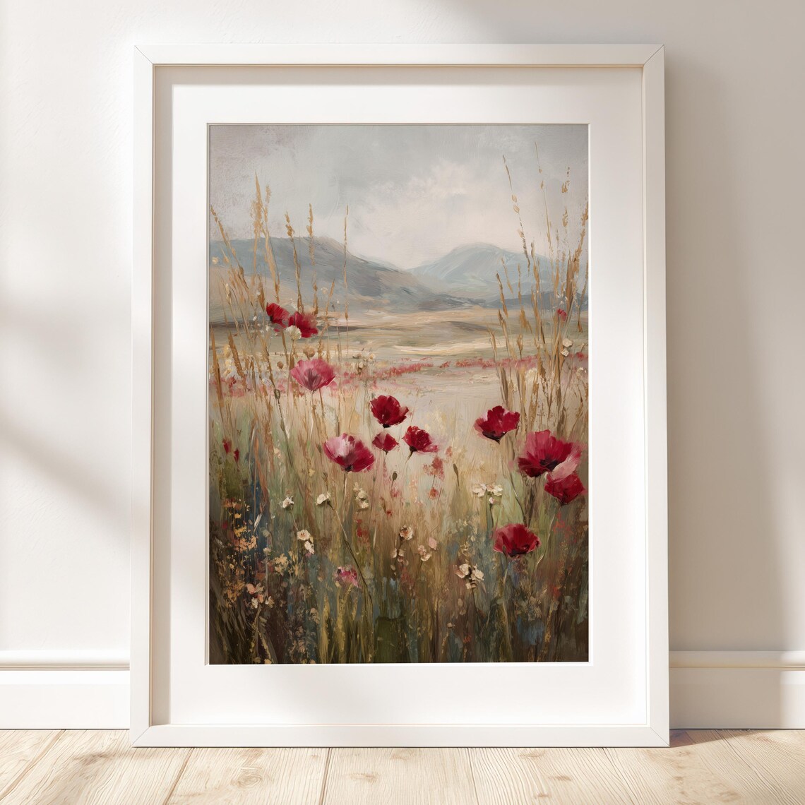 Red Poppies In The Wind Print With Impressionist Wildflower Meadow