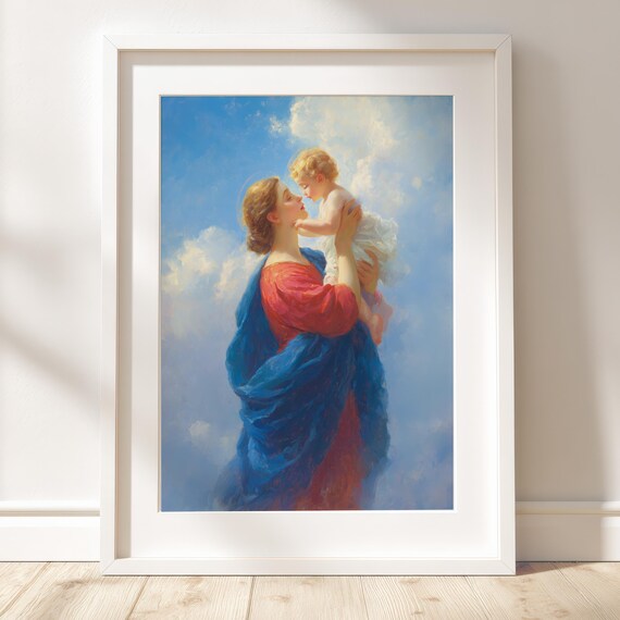 Madonna And Child Religious Painting Print In Vintage Classic Style