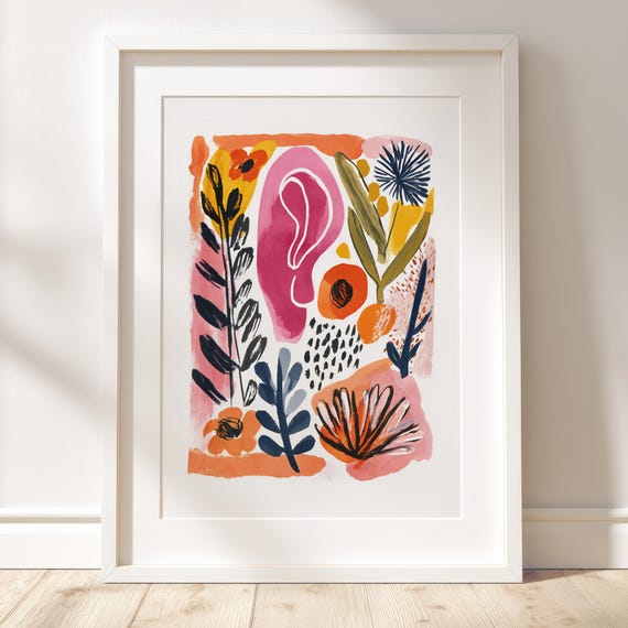 Human Ear Print Modern Gouache Anatomy Poster Abstract Botanical Medical Illustration