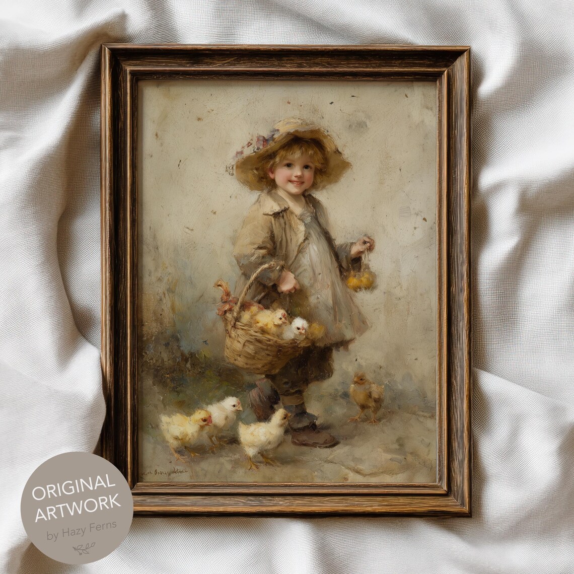Child With Basket Of Chicks, Rustic Pastoral Art Print