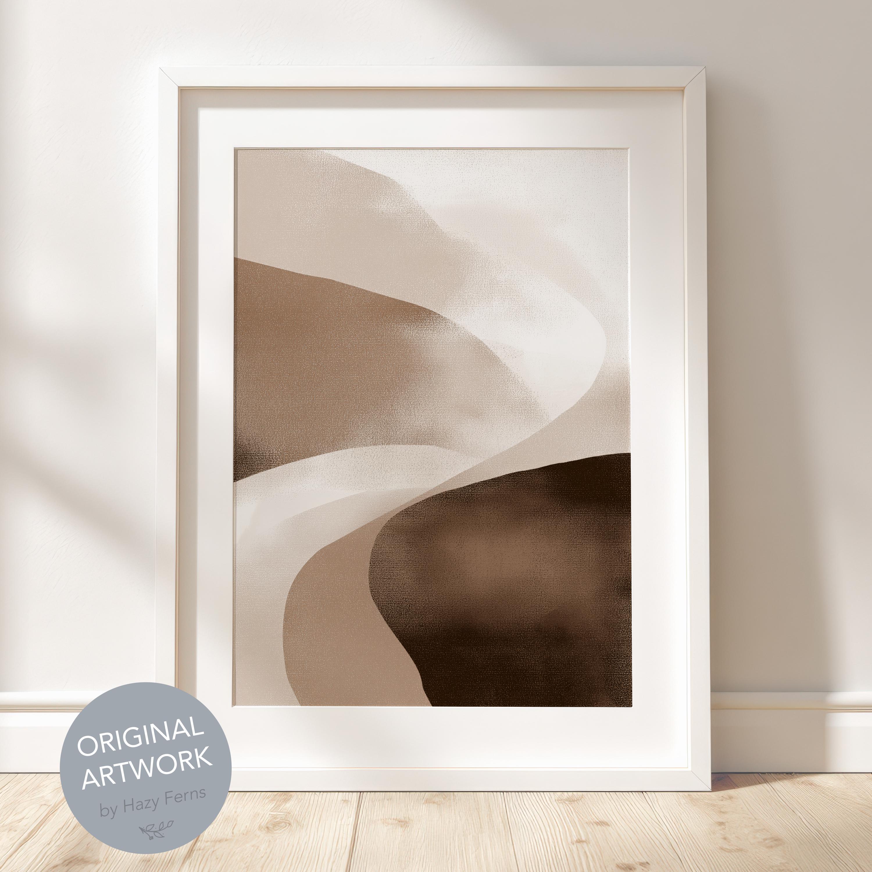 Beige Brown Abstract Landscape Print Earthy Waves Boho Minimal Art
