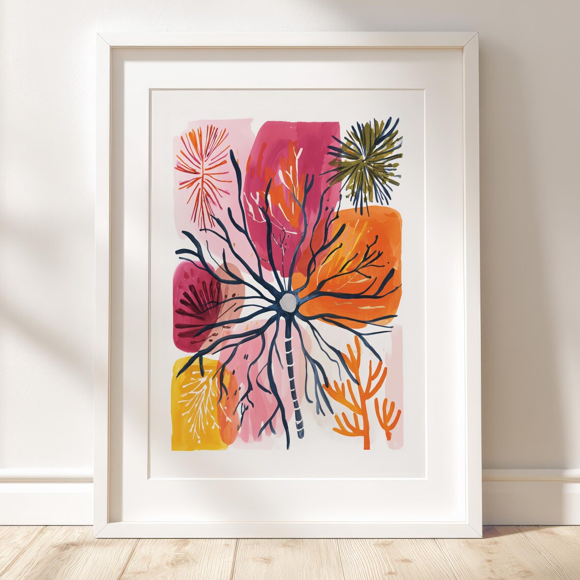 Neuron Cell Art Print Colorful Gouache Biology Poster Modern Abstract Scientific Wall Decor