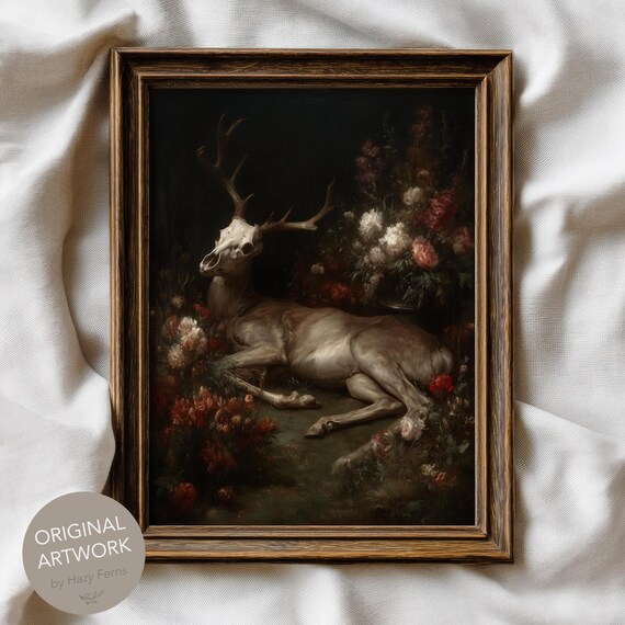 Deer Skeleton In Wildflowers Dark Academia Gothic Fine Art Print