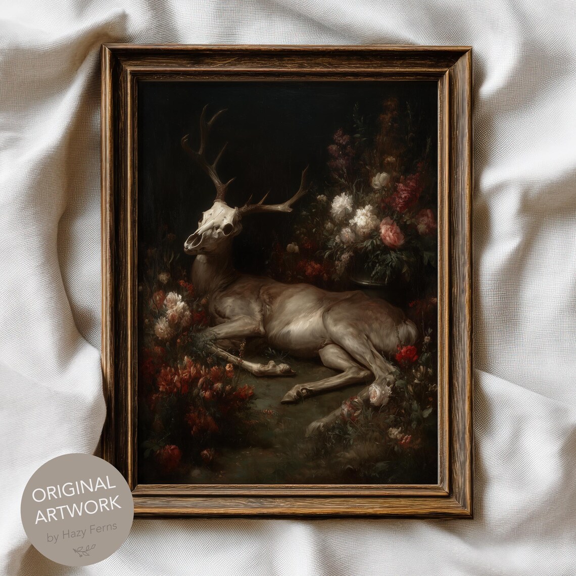 Deer Skeleton In Wildflowers Dark Academia Gothic Fine Art Print