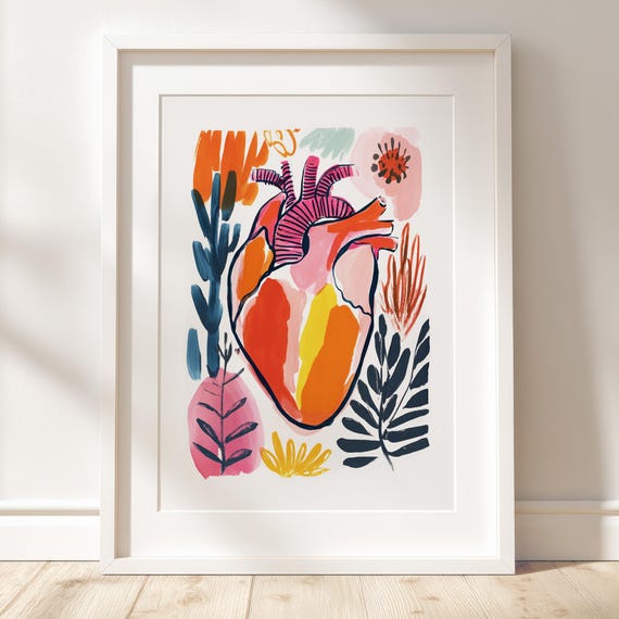 Human Heart Art Print Colorful Gouache Anatomy Illustration Modern Abstract Science Wall Decor