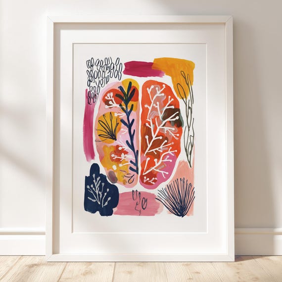 Human Brain Poster Abstract Gouache Anatomy Illustration Colorful Medical Science Wall Art