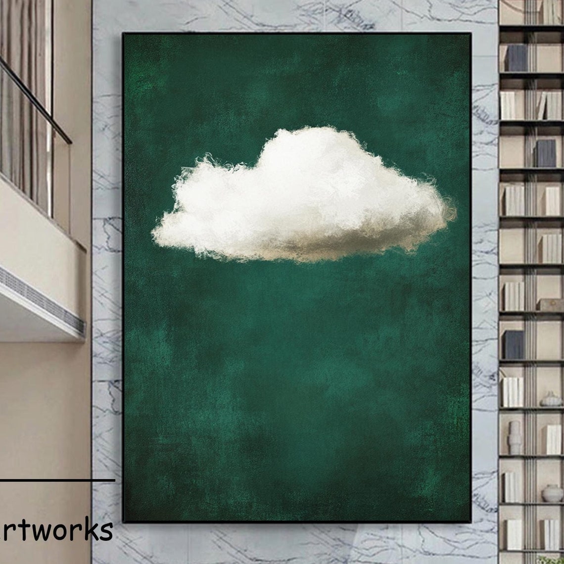 White Cloud On Emerald Green Textured Sky Minimalist Art Poster