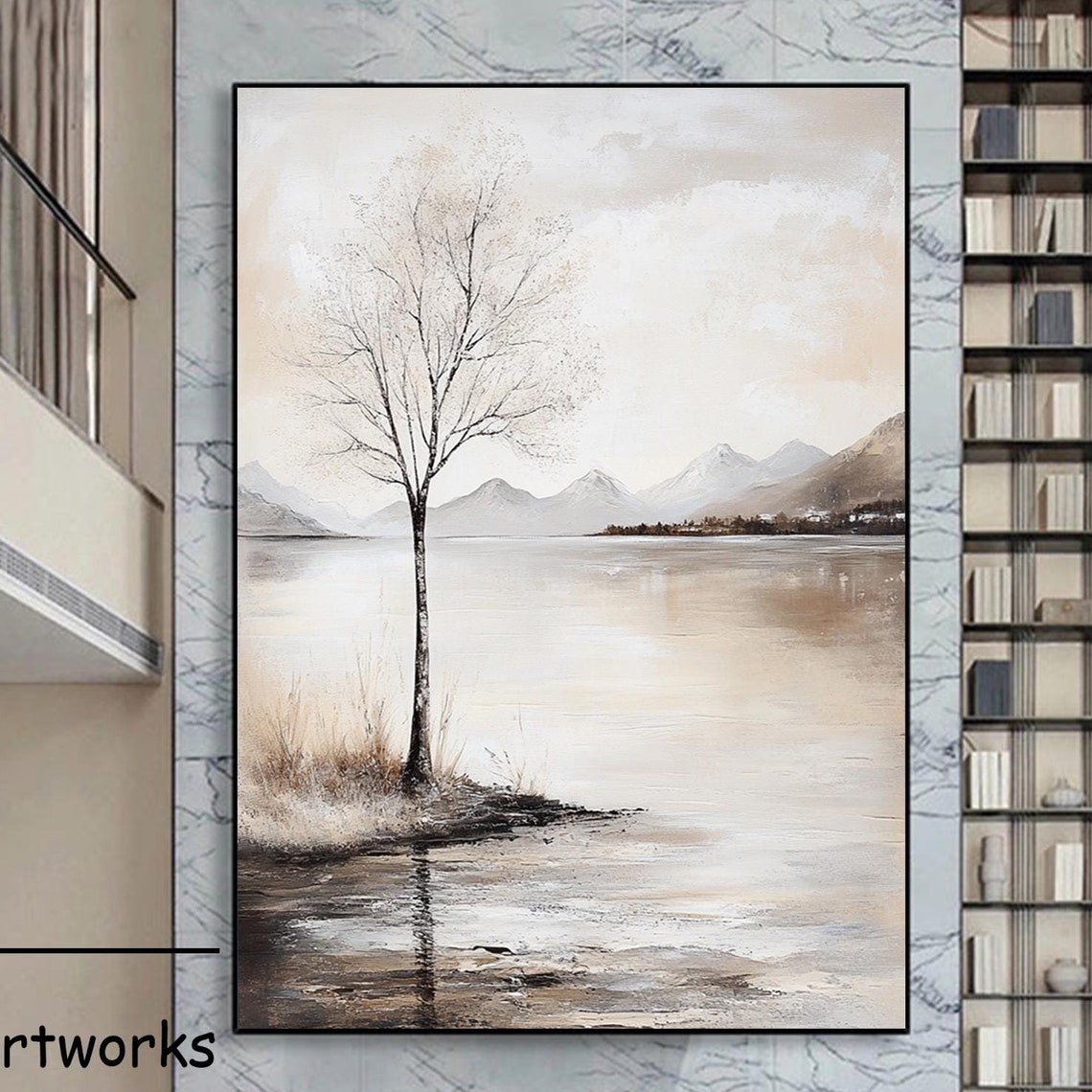 Lone Bare Tree by a Calm Reflective Lake With Distant Mountains Poster