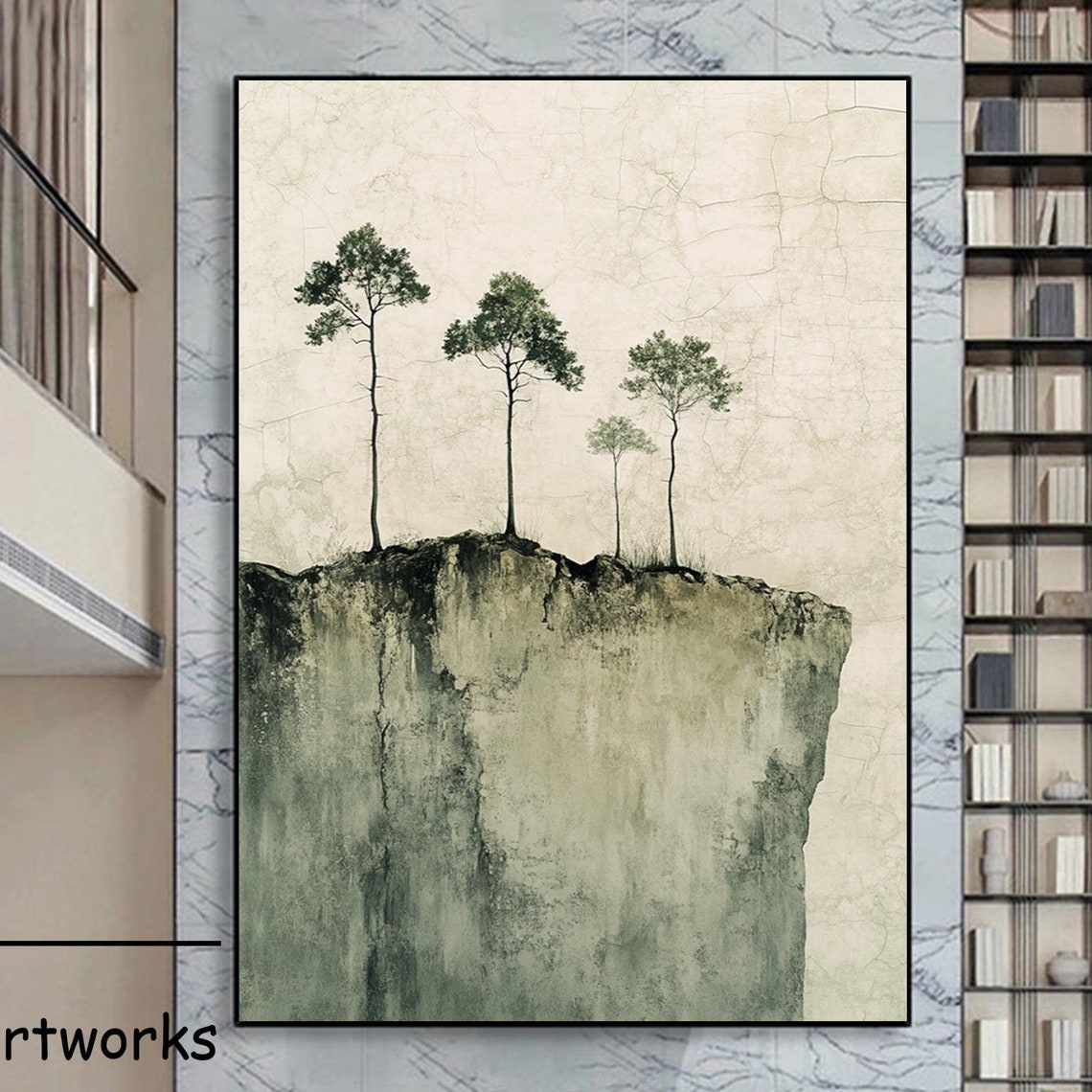 Large Green Abstract Landscape Oil Painting Original Trees Of Life Painting On Wabi Sabi Landscape Painting Living Room Wall Deocr