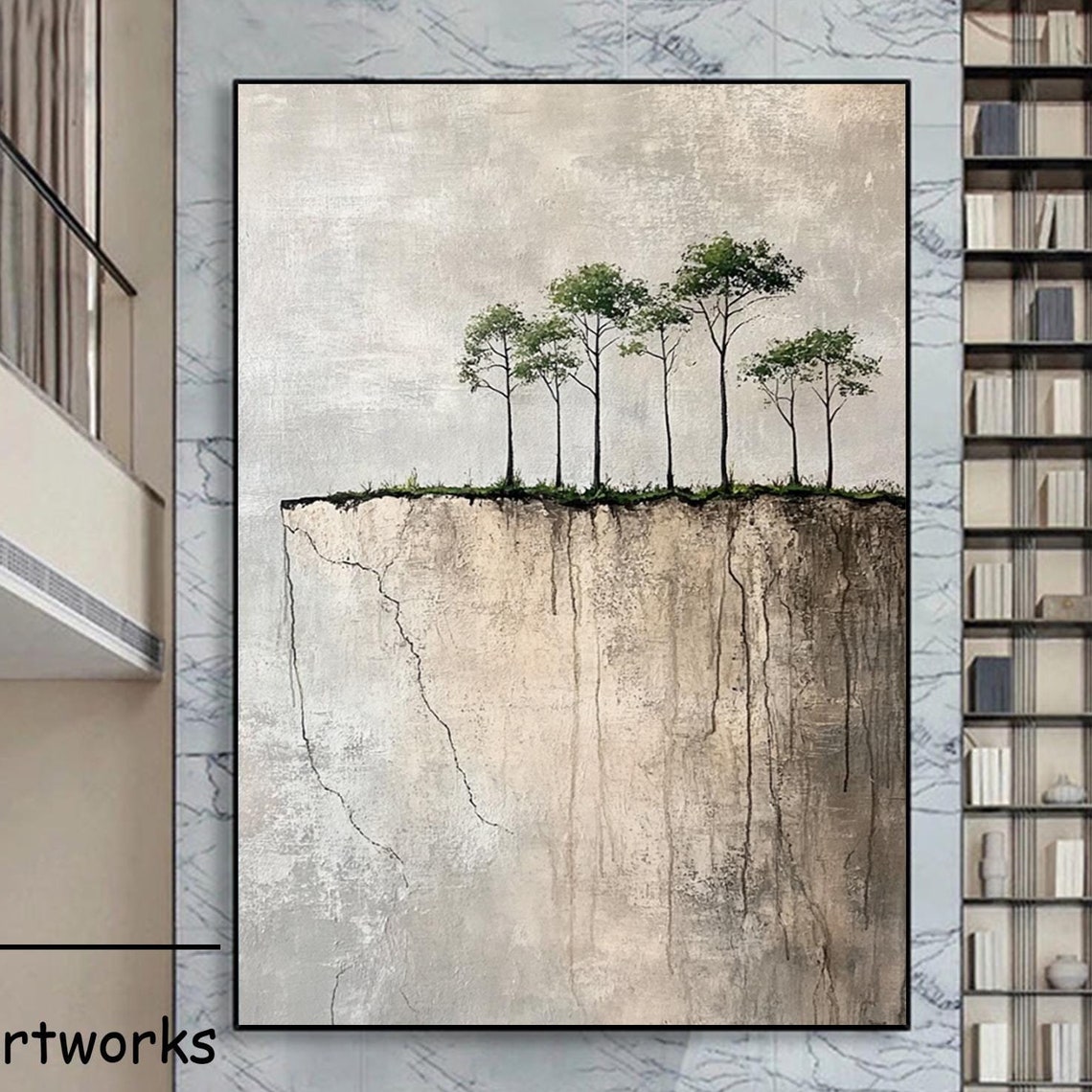 Five Small Green Trees on a Cliff Edge in Minimal Landscape Poster