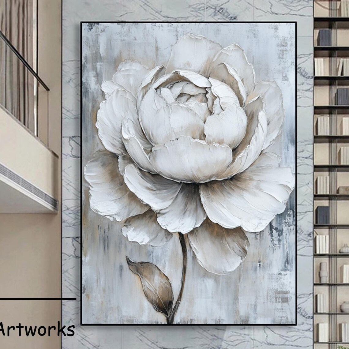 Large White Gray Flower Oil Painting On 3d Gray White Flower Textured Art Abstract Blooming Floral Painting Flower Acrylic Painting