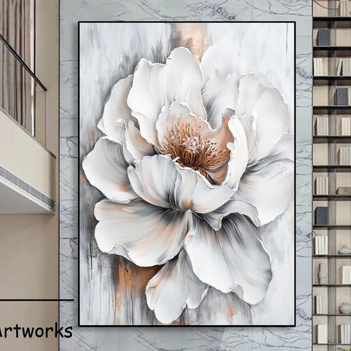 White Flower With Copper Center On Gray Textured Floral Poster