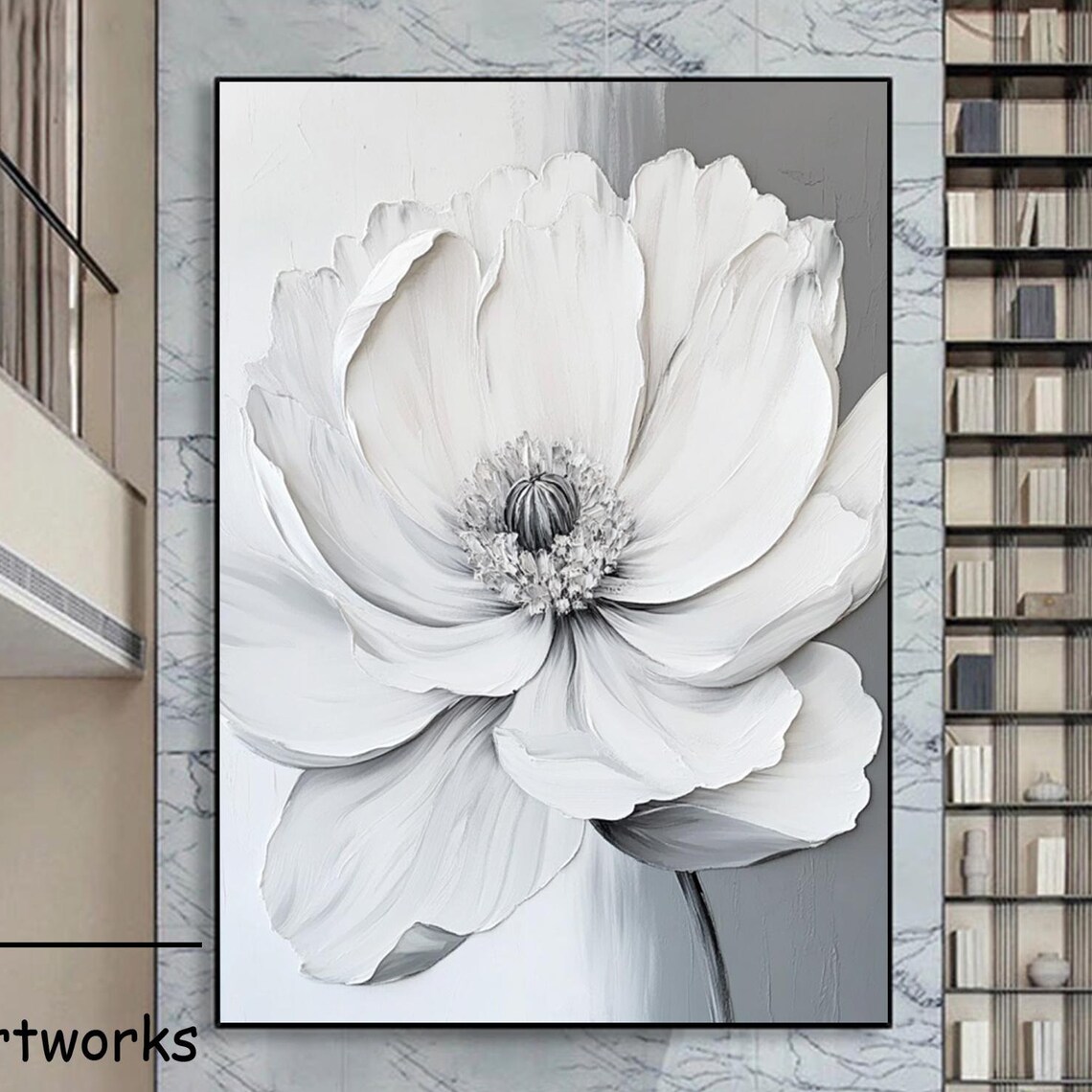 White Flower Close Up Gray Textured Impasto Floral Art Poster