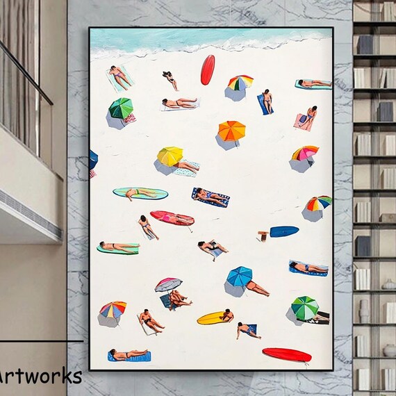 Aerial Beach Sunbathers Colorful Umbrellas Summer Fun Art Poster