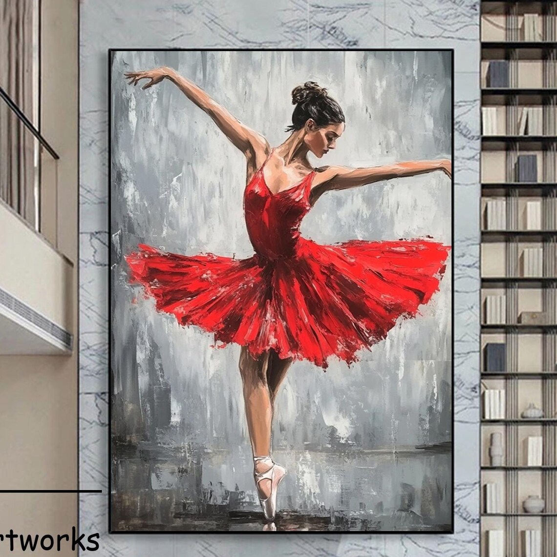 Elegant Ballerina In Red Dress Gray Background Ballet Art Poster