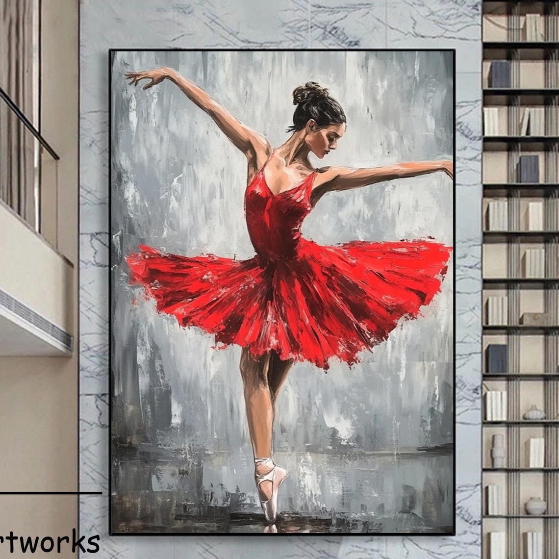 Large Elegant Ballerina Oil Painting Original Red Dress Ballet Girl Wall Art Dancing Girl Acrylic Painting Female Figure Art Gift For Her