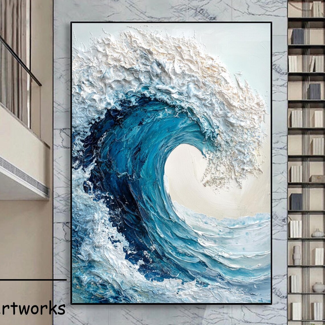 Blue Ocean Wave Oil Painting, 3D Texture Wall Art