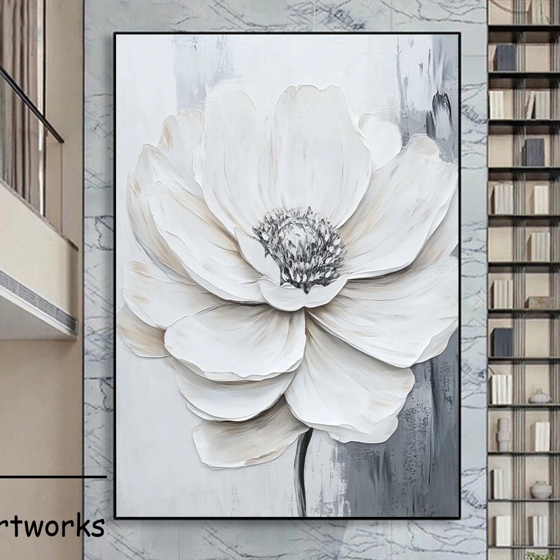 Large White Flower Textured Impasto Minimalist Floral Art Poster