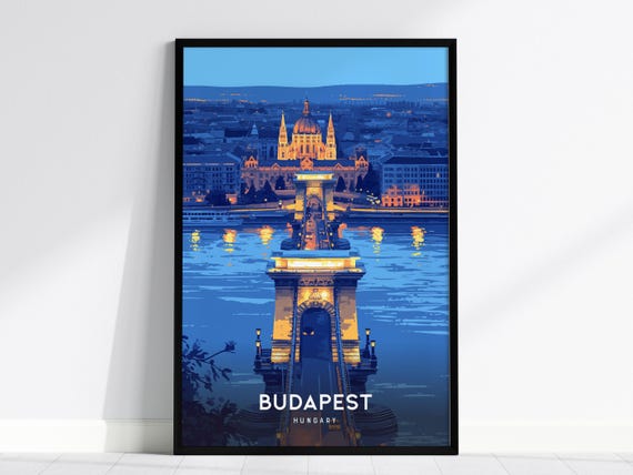 Budapest Hungary Chain Bridge Night Danube River Lights Travel Poster